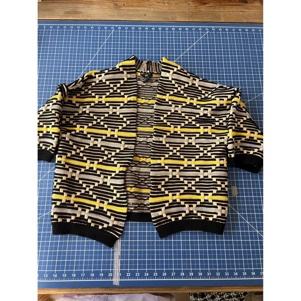 H&M Cardigan Women Small Black Yellow Geometric Open Front Excellent Chunky Knit